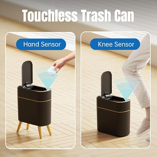 Yatmung Bathroom Trash Can Automatic Touchless - Modern Smart Trash Bin | Narrow Waste Basket for Bedroom, Laundry Room, Office, Plastic - Motion Sensor Garbage Can with Lid - Black with Gold Edge