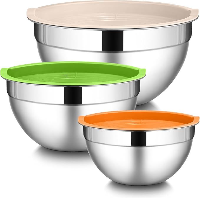 LIANYU Stainless Steel Metal Mixing Bowls, 3 Sizes Large and Small Salad Mixing Bowl Sets, Include Airtight Lids, Ideal for Kitchen Storage, Prepping, Baking, Three-Color