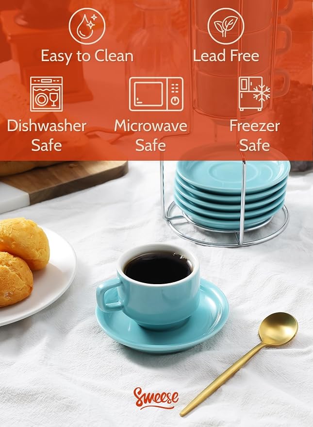 Sweese 8 Ounce Porcelain Stackable Cappuccino Cups with Saucers and Metal Stand - for Specialty Coffee Drinks, Cappuccino, Latte, Americano and Tea - Set of 4, Turquoise