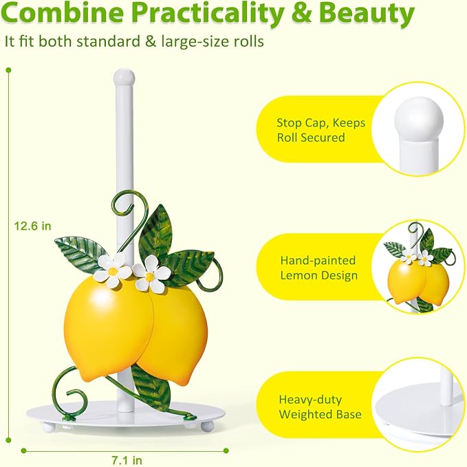 Lemon Paper Towel Holder Countertop for Kitchen, 3D Handmade | Freestanding Kitchen Roll Holder with Weighted Base, Lemon Housewarming Gifts for Women, Fit Most Sizes of Paper Rolls, Metal