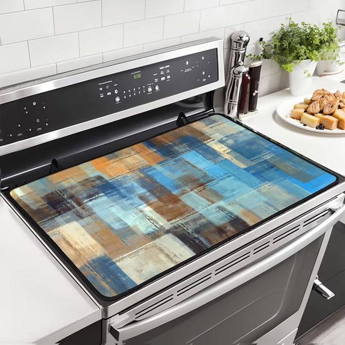 Modern Abstract Art Stove Top Covers for Electric Stove Blue Brown Gradient Painting Geometric Glass Top Gas Stove Pad Heat Resistant Range Cooktop Mat for Kitchen 28"x20"