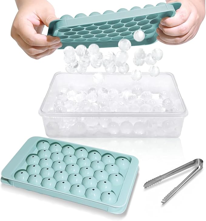 Ice Cube Tray with Lid and Bin, 1" Round Ice Trays for Freezer | 2 Blue Ice Cube Trays with Ice Box & Tong, 1" Round Ice Balls for Iced Coffee & Juice, Easy Twist Release, For Gatherings