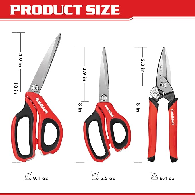 Goldblatt 3PCS Heavy Duty Scissors, Multipurpose Shop Scissors | Drop Forged Blades with Small Serrations, Comfortable Handle for Easy Cutting Cardboard, Wires, Leather, Fabric