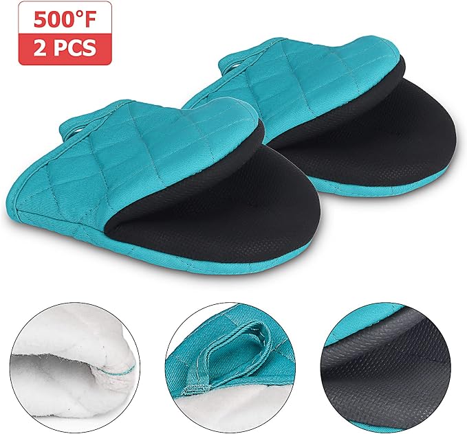 Goldmeet Mini Oven Mitts 2-Pack, 7"x5.5", 500°F Silicone Grip, Coral Blue | Non-Slip, Heat Resistant, Machine Washable, Hanging Loop, Fits Small Hands, for Baking Grilling BBQ Cooking