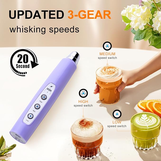 YUSWKO Handheld Milk Frother Wand for Coffee, Rechargeable Electric Whisk with 3 Heads 3 Speeds Drink Mixer Coffee Frother For Latte, Cappuccino, Hot Chocolate, Egg, Light Purple