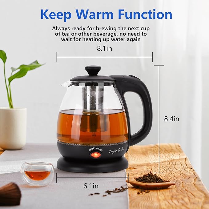 Taylor Swoden Electric Kettle with Tea Infuser, 1L, Black | Keep Warm, LED Light, Auto Shut-Off & Boil Dry Protection, BPA Free