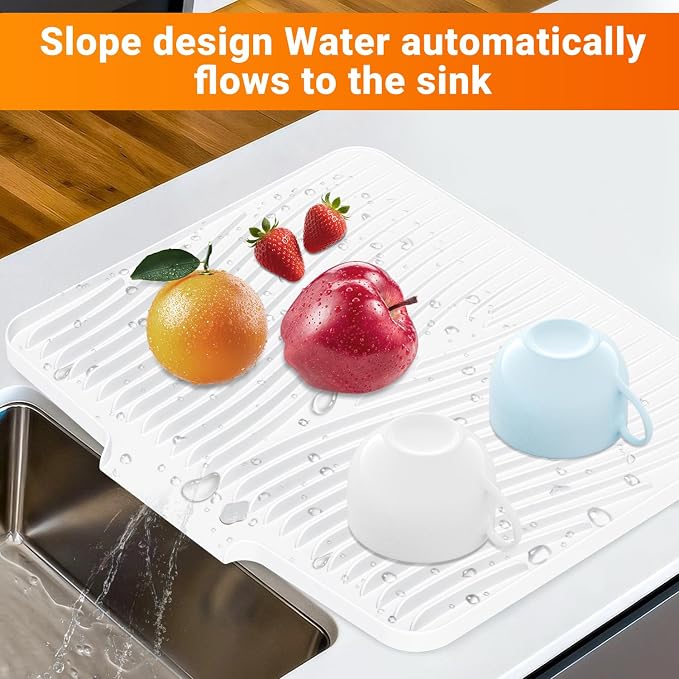 Silicone Dish Drying Mat for Kitchen counter | 15.8"x13" Dish Drainer Mat,Heat-Resistant Kitchen Counter Mat & Over-Sink Drying Tray,Can Be Hung, Ivory