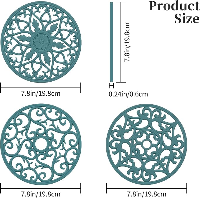 Silicone Trivets Mats for Hot Pots and Pans, Multi Purpose Trivets Mat -Heat Resistant Silicone Trivet Intricately Carved Hot Pads Set of 6 (D: Style 1-Teal)