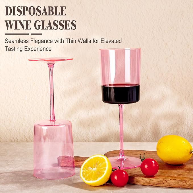 Ciaell 12 Pack Pink Plastic Wine Glasses for Weddings Outdoor Gatherings | 14 oz Pink Stemmed Cups, Heavy Duty Plastic, Wine Champagne Cocktails Beverages for Parties Birthdays Anniversaries