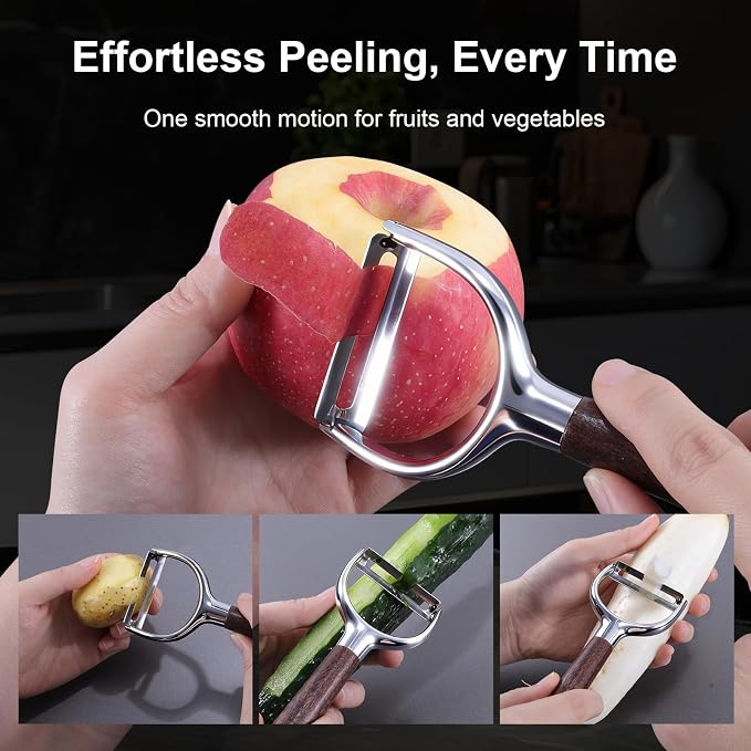 Premium Vegetable Peeler, Stainless Steel Potato Peeler with Ergonomic Wood Handle, Sharp Veggie Peeler for Potatoes, Carrots, Fruits & Cabbage, Professional Peeler for Kitchen (Y+I Set)