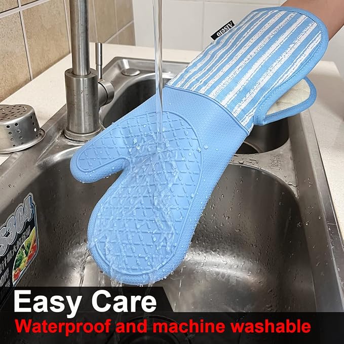 Alselo Silicone Oven Mitts Heat Resistant 932℉ with Waterproof & Non-Slip | Kitchen Mittens Set of 2,Extra Long Oven Gloves with Soft Cotton Terry Lining for Baking Cooking Barbecue (Blue,2)