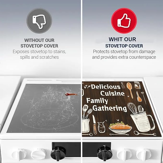 HOMETITUTE Stove Top Covers for Electric Stove Heat Resistant 28x20 Inch Glass Cooktop Protector Counter Mat Kitchen Decorations Dish Drying Mat Wooden Style Delicious Cuisine Design