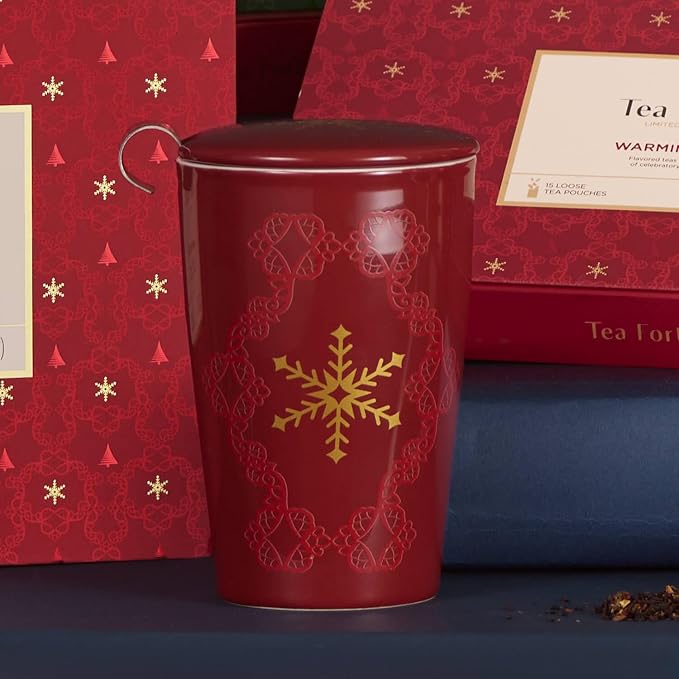 Tea Forte Double-Walled Ceramic Kati Cup, Warming Joy, 12 oz | Insulated Ceramic - Stainless Steel Loose Leaf Infuser - Keeps Tea Hot Longer - Lid Included - Great Teacher Gifts
