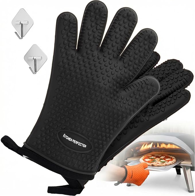 KITCHEN PERFECTION Silicone Pizza Oven Gloves - Heat Resistant Oven Mitts | Waterproof, 5-Finger Design For A Better Grip, for Outdoor & Indoor Pizza Ovens, Compatible with Ooni, Ninja, Gozney & More