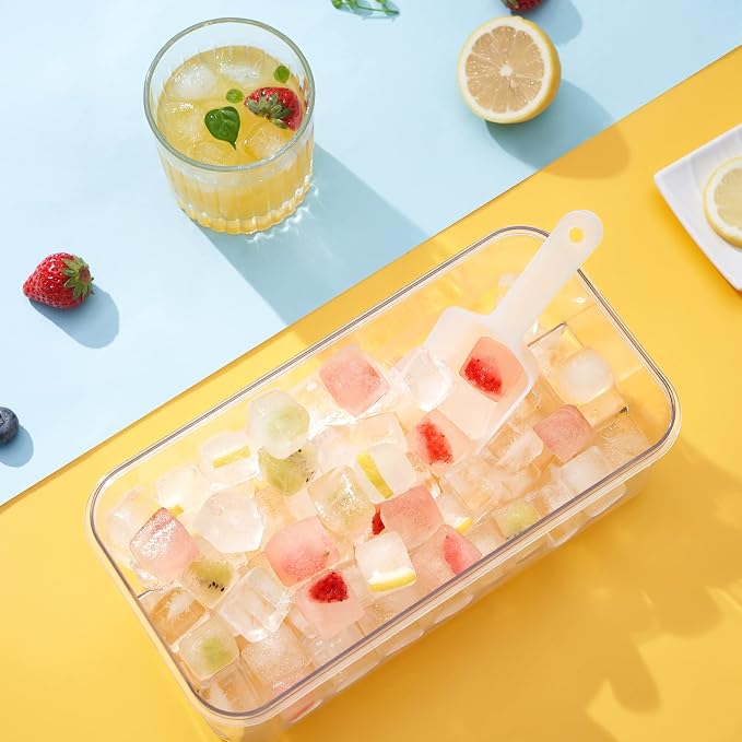 1" Ice Cube Tray with Lid and Bin, Easy Release 96 Cubes for Freezer | Food-grade BPA-free PP and ABS. 1" x 96pcs ice cubes for fruit whiskey, cocktails. Space-saving, stackable with scoop