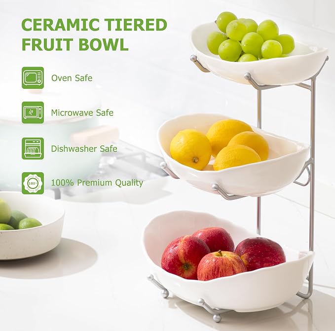HBlife Fruit Bowl for Kitchen Counter - 3 Tier Ceramic Fruit Bowl Holder with Metal Stand, Tiered Fruit Basket for Fruit and Vegetable Storage, Serving Trays for Party