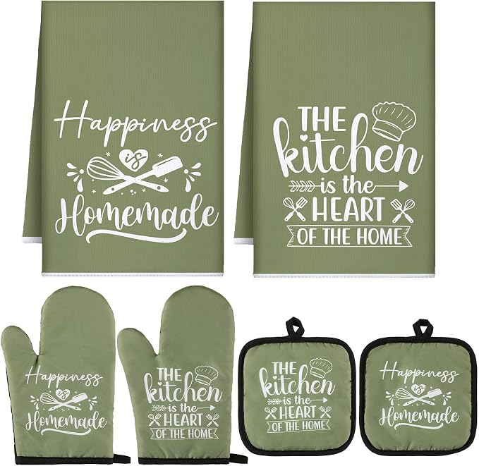 Sratte 6 Pcs Kitchen Decor Accessories Set, Kitchen, Green | Farmhouse Kitchen Towels Pot Holders Oven Mitts Set 2 Dish Towels 2 Potholders 2 Cooking Mittens for Baking Cooking Supply