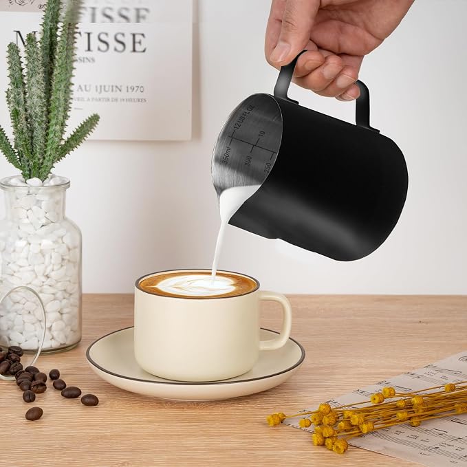 Amrules Milk Frothing Pitcher 12oz Frother Cup Barista Tools, Black | 18/8 Stainless Steel, 12oz Capacity with Clear Scale, with Decorating Pen, Ergonomic Handle, for Cappuccino, Latte & Espresso