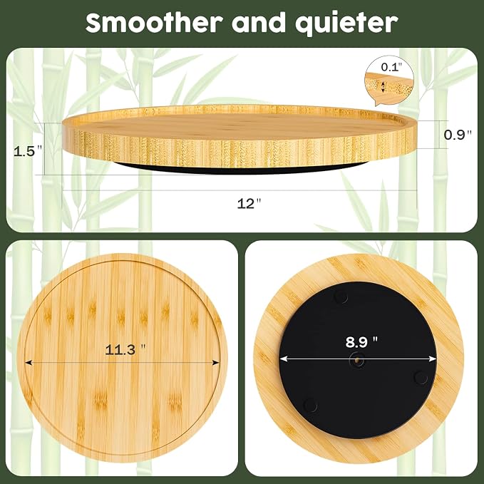 Lazy Susan for Table, 12 Inch Non-Skid Bamboo Turntable Organizer | Salt Pepper Spices and Olive Oil Next to Stove, Wooden Lazy Susan Organizer for Kitchen Countertop Organizer