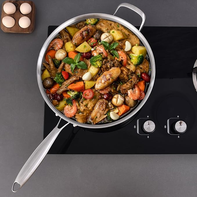 LOLYKITCH Whole Body Tri-Ply Stainless Steel 5.5 QT Sauté Pan with Lid,12 Inch Deep Frying Pan,Jumbo Cooker,Dishwasher and Oven Safe,Detachable Handle. | Whole Body Tri-Ply Stainless Steel Clad | Jumbo Cooker | Dishwasher & Oven Safe | Detachable Handl...