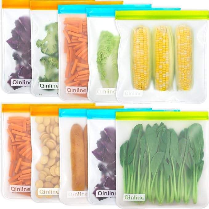 Reusable Gallon Food Storage Bags - 10 Pack Extra Thick Gallon Freezer Leakproof Plastic Free Lunch Bag