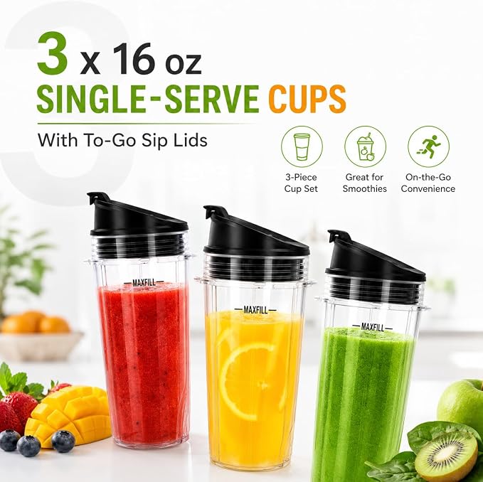 16 oz Ninja Blender Cups Replacement, 3 Pack Cups with Lids, Compatible with QB3001SS, BL660, BL770, BL780, BL740, BL810, 4-Tab Nutri Ninja Blender Cups
