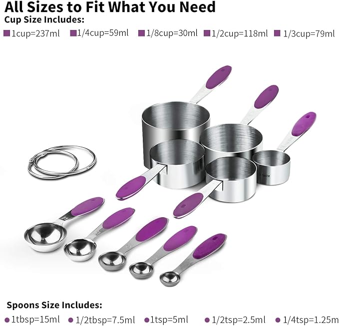 U-Taste 10 Piece Measuring Cups and Spoons Set in 18/8 Stainless Steel (Purple) | Upgraded Thickened Handle, Reinforced Welded Joints, Nested Stackable Design, Metal Measure Set for Kitchen Baking Cooking