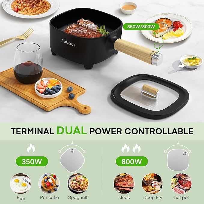 Audecook 2L Hot Pot Electric, Non-Stick electric pot, Portable Pot lazy | Dual Power Control Electric Pot For Cooking Steak, Egg, Ramen, Oatmeal & Soup | Portable Pot for Dorm, RV, Travel & Camping