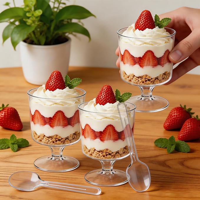 Ginkgo 100 Pack (200 Pieces) 5 oz Plastic Dessert Cups with Spoons | Dual-Shape Disposable Clear Square & Stemmed Cups, Mini Parfait Cups for Appetizer, Pudding, Yogurt, Fruit & Jello Shots