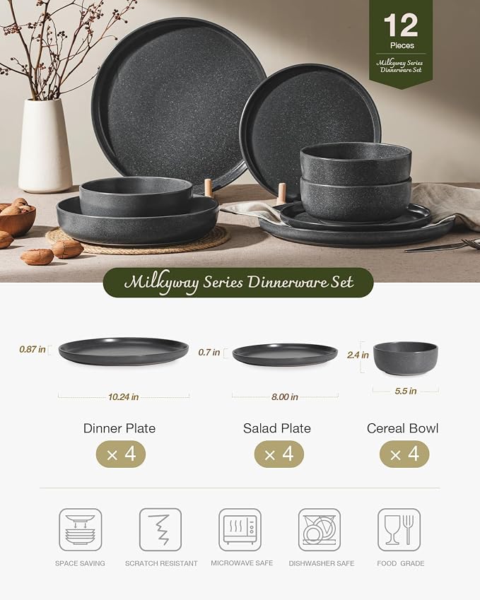 Famiware Milkyway 12-Piece Stoneware Dinnerware Set, Matte Dark Charcoal | Plates and Bowls for 4, Reactive Glaze Dish Set, Microwave & Dishwasher Safe, Chip & Scratch Resistant