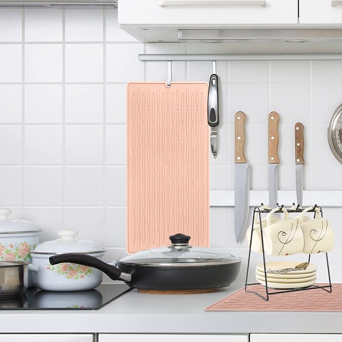Dish Drying Mats, Heat-resistant Silicone Mat for Kitchen Counter, Non-Slip Dish Dry Mat Dishwasher Safe Large, Pink