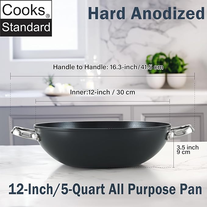 Cooks Standard 12-inch Hard Anodized Nonstick Wok Chef’s Pan 5-Qt | Deep Stir Fry Pan with Vented Glass Lid, Dual Side Handles, Flat Bottom Wok, Works on All Stovetops, Induction Ready