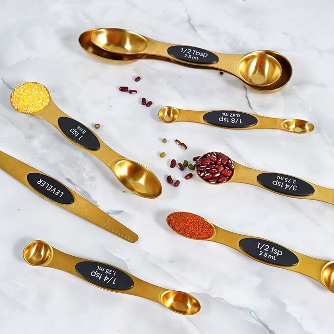 18-Pc Magnetic Measuring Cups and Spoons Set, with Lid, Golden | Includes 1 cover, 9 stackable cups set & 8 magnetic spoons, BPA-free & dishwasher safe, for liquid and dry baking