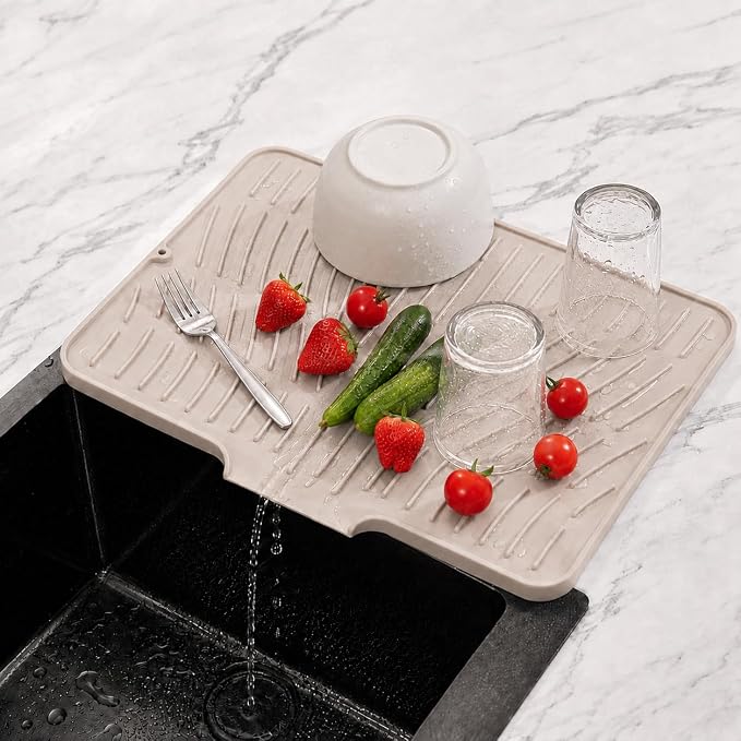 Silicone Dish Drying Mat with Drain Lip (Beige, 15.8inx13in) | Raised ridges elevate dishes and create space for water to move across the silicone surface.