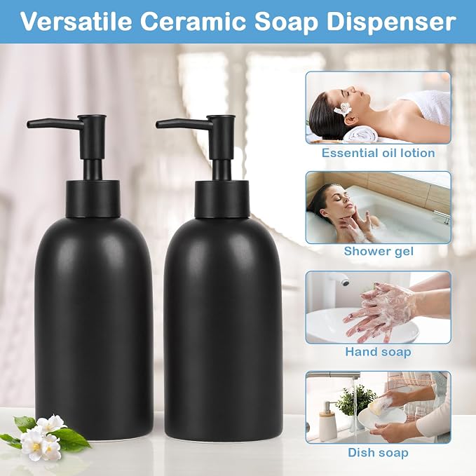 Natheeph Soap Dispenser Fill Dish Soap Hand Soap for Bathroom (2PC Black) | 14OZ, Great for Bathroom/Kitchen Sink, Ceramic Soap Pump Dispenser, Refillable Shampoo, Detergent, Lotion, Shower Gel