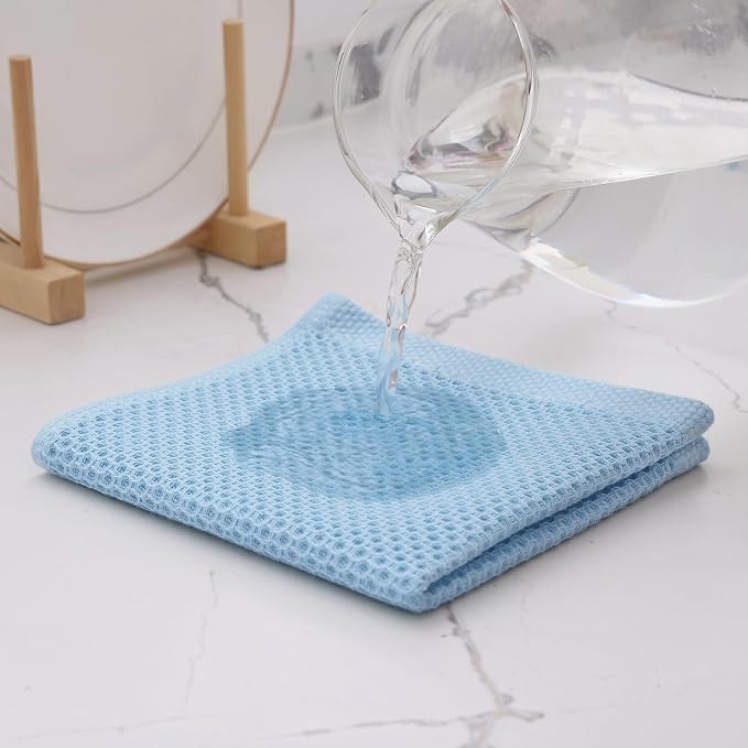 Kitinjoy 100% Cotton Waffle 6-Pack Kitchen Towels, 12" x 12", Sky Blue | Ultra Absorbent, Super Soft, lightweight, Quick Drying Dish Rags for Washing Dishes