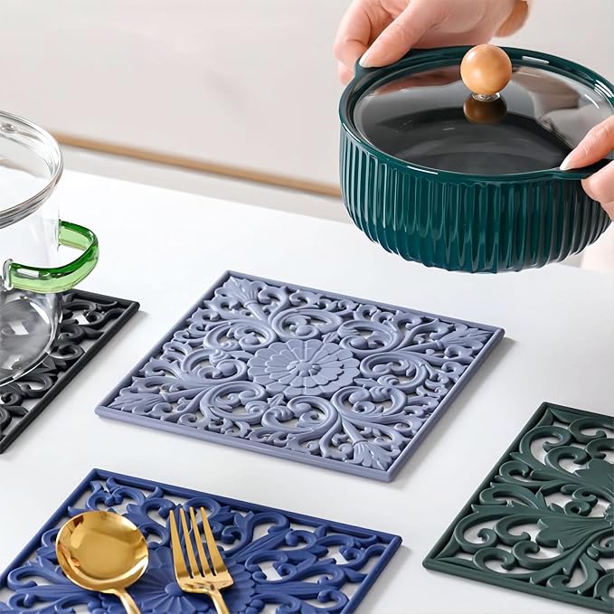 Silicone Trivets Mats for Hot Pots and Pans, Square Microwave Non Slip Mat for Table or Counter, Multi-Use Carved Hot Pads and Mats, Heat Resistant Big Teapot Coaster Set of 3 Teal