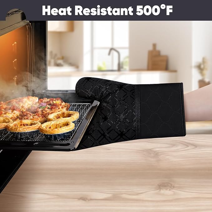 Oven Mitts and Pot Holders Set with Dishcloths, 500 Degree Heat Resistant Oven Gloves and Hot Pads, Premium Soft Cotton Kitchen Mittens and Dish Cloth Sets-Black
