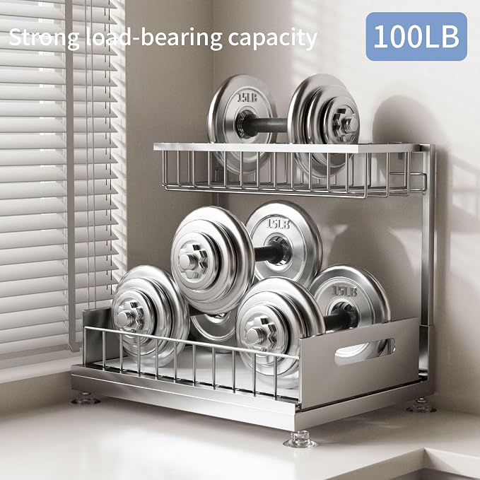 L-Shaped Under Sink Organizer, 2-Tier Pull-out Cabinet Rack 1-Pack | Grey Height-Adjustable Steel Rack, Sliding Grid Drawers with PP Liners, Holds 100 Lbs, Suction Base, Ideal Kitchen Storage