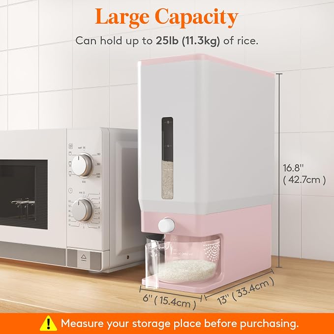 Lifewit Rice Dispenser 25 Lbs, Airtight Storage with Measuring Cup, Pink | BPA-Free 11.3kg Capacity Storage Container for Beans, Corn & Other Small Grains, One-Press Dispensing Bin for Kitchen Pantry