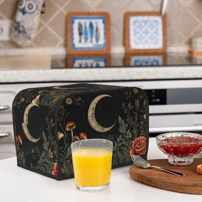 2 Slice Toaster Cover Botanical Flower Moon Vintage Dust Proof Washable Kitchen Appliance Cover with Pocket, Oxford Fabric Countertop Toaster Protector for Standard Toasters Small Appliances