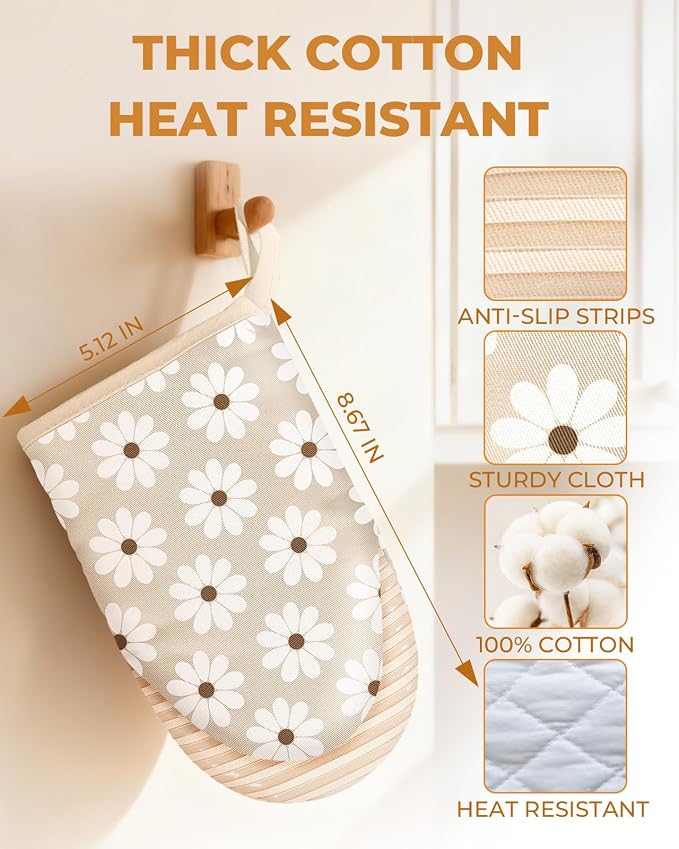 100% Thick Cotton Mini Oven Mitts Silicone Grip Daisy Gingham | Elegant Classic Oven Mitts for Women, Machine Washable, Non-Slip, Reversible Design Fits Both Hands, Stylish Kitchen Decor