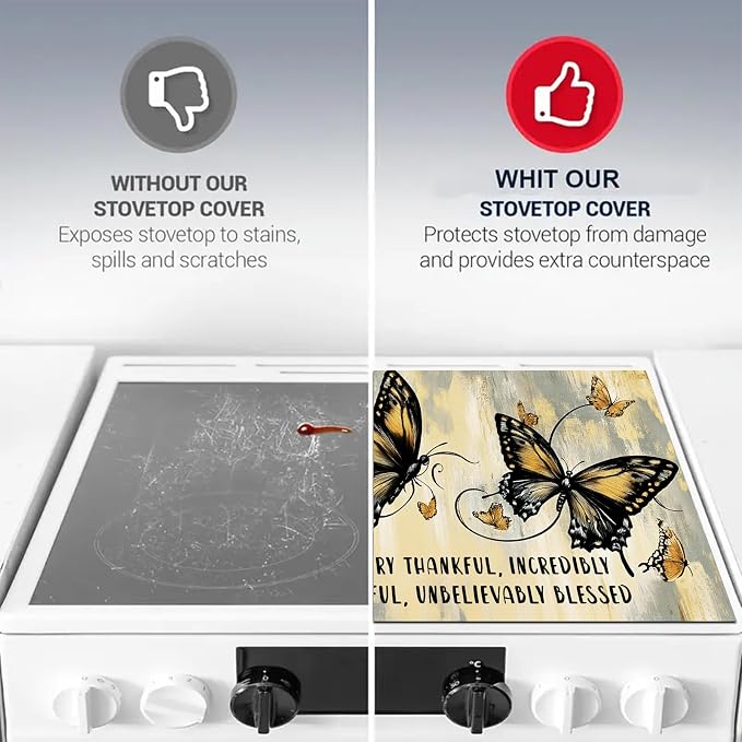 HOMETITUTE Spring Stove Top Covers for Electric Stove 28x20 Inches Butterfly Artwork Heat Resistant Glass Cooktop Pad Decorative Stovetop Cover for Kitchen Coffee Bar Decor