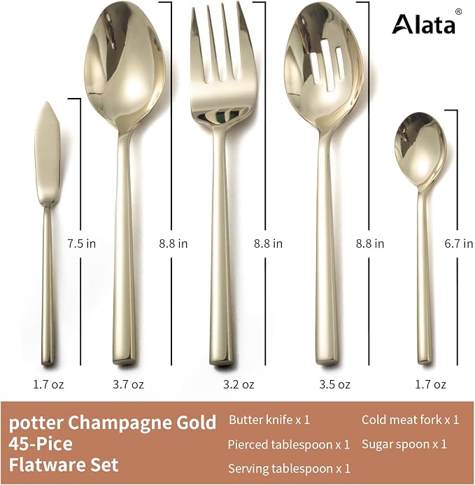 Alata Potter Champagne Gold 45-Piece Forged Silverware Set with Utensil-Serving Set, Service for 8, Stainless Steel Flatware Set, Modern Design with Mirror Finish, Ideal for Home, Kitchen, Party