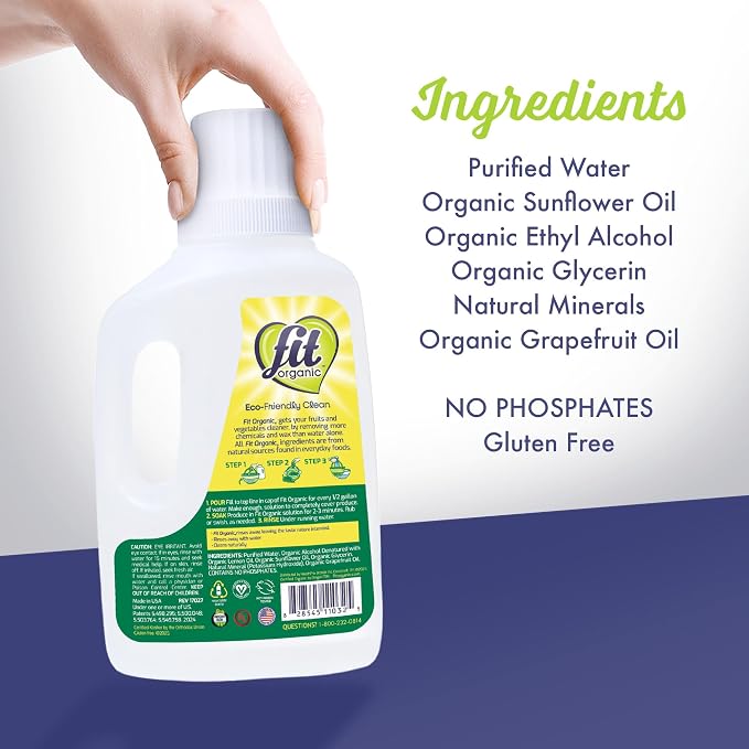 Fit Organic Soaker Produce Wash – USDA Certified Organic & Kosher Fruit and Vegetable Cleaner – Removes Surface Contaminants – Family & Pet Safe, Chemical-Free, 32 Oz