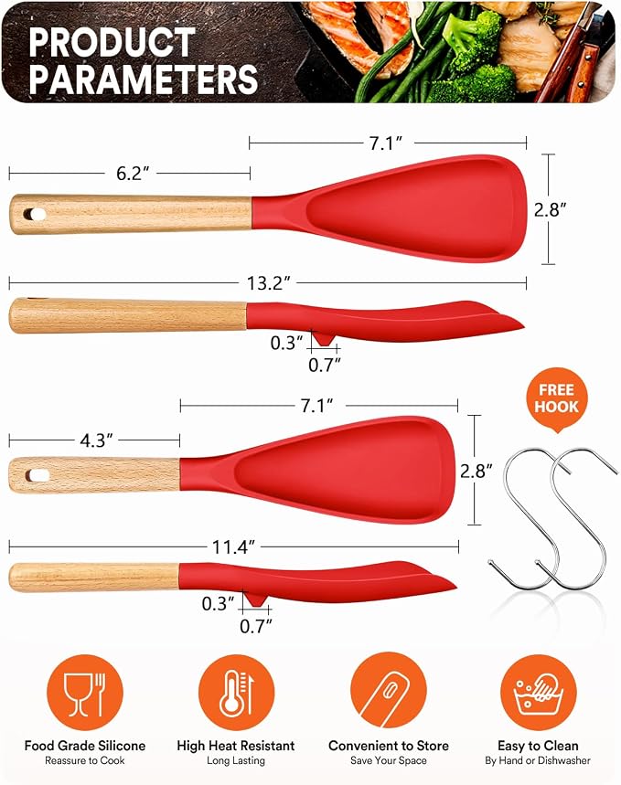 Multifunction Spoon for Nonstick Cookwares, Great for Cooking and Serving, Sturdy BPA-Free Matte Silicone, Wood Handle spoonula for Mixing, Scoop, and Scrape, Red(2 pack,11.4" & 13.4")