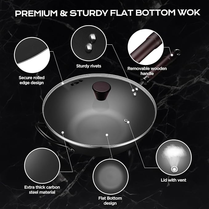 FGJ Wok, 13 Inch Carbon Steel Woks & Stir-fry Pans Nonstick | Pre-Seasoned 5.8QT Flat Bottom Chinese Wok Paella Pan with lid,PFOA/PTFE free Cookware Compatible with All Cooktops