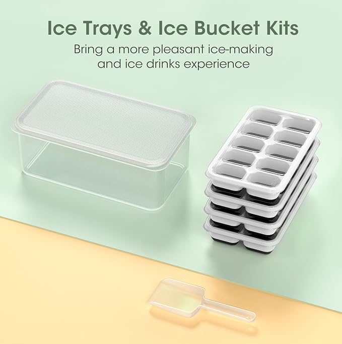 DOQAUS Ice Cube Tray with Lid and Bin,4 Pack Ice Cube Trays for Freezer | Silicone, Stackable. Easy Release Trays with Storage Bin & Scoop. Ideal for Freezer, Kitchen, RV, Cocktail, Coffee.