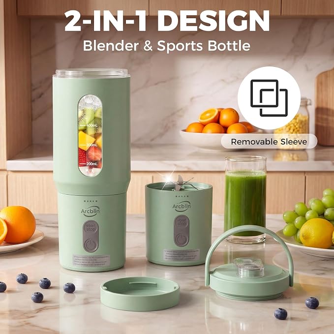 Portable Blender Shakes & Smoothies, Small Personal Blender, Green | 17oz Detachable To-Go Cup, Carry Handle, USB-C Rechargeable, 6-Leaf Stainless Blades, Auto-Shutoff, BPA-Free, Hand Wash