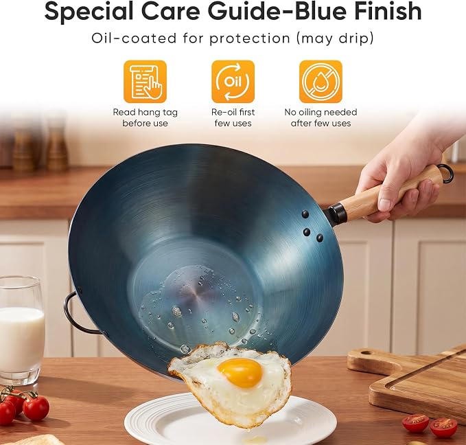 NEWBULIG 13.5" Carbon Steel Wok Pan, Pre-Seasoned Flat Bottom Wok for Stir Fry, BBQ, Grill & Camping, Compatible with Induction, Electric, Gas and Open Fire, Blue